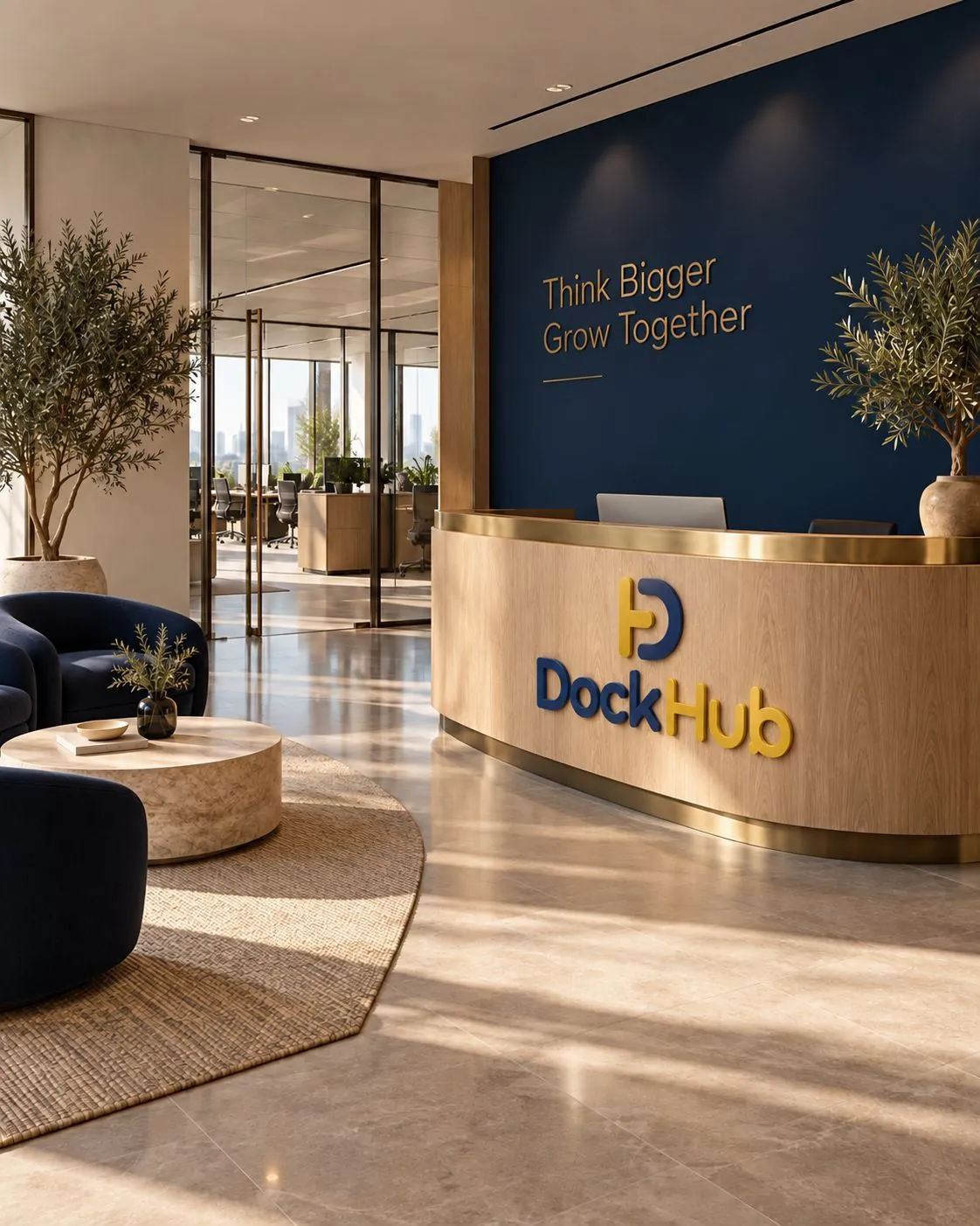 A curved oak reception desk carrying the DockHub logo in front of a navy wall, with lounge chairs and olive trees