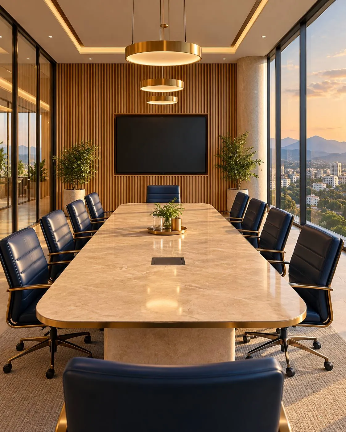 A boardroom with a long stone table, navy leather chairs and brass pendant lights