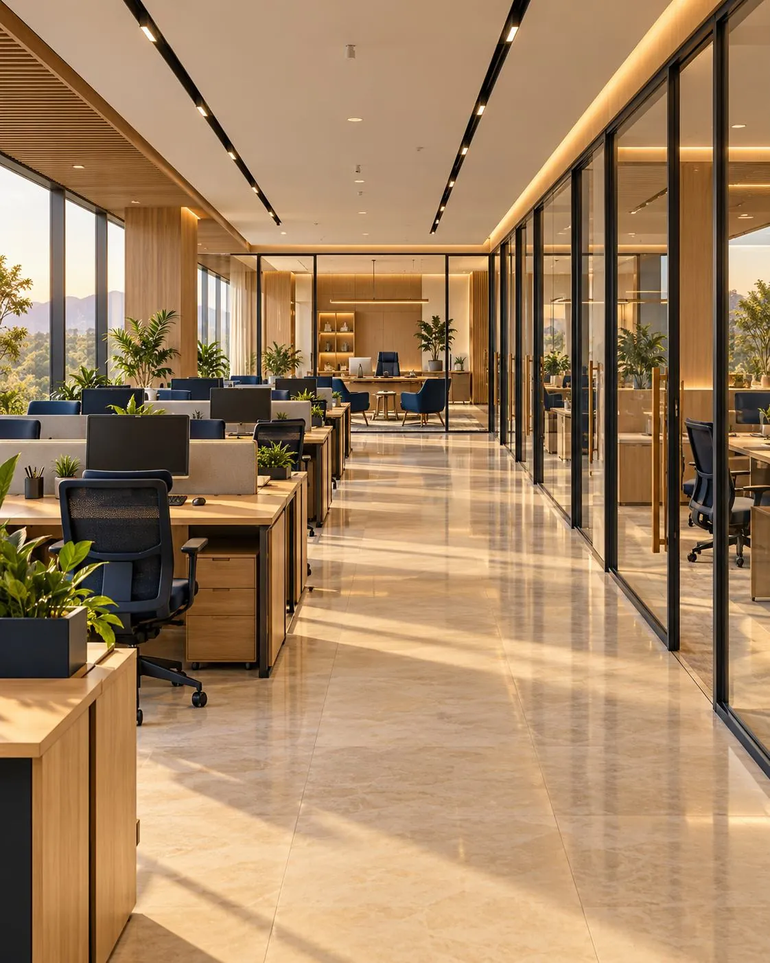An open-plan floor of oak desks and navy chairs beside a row of glass-fronted cabins