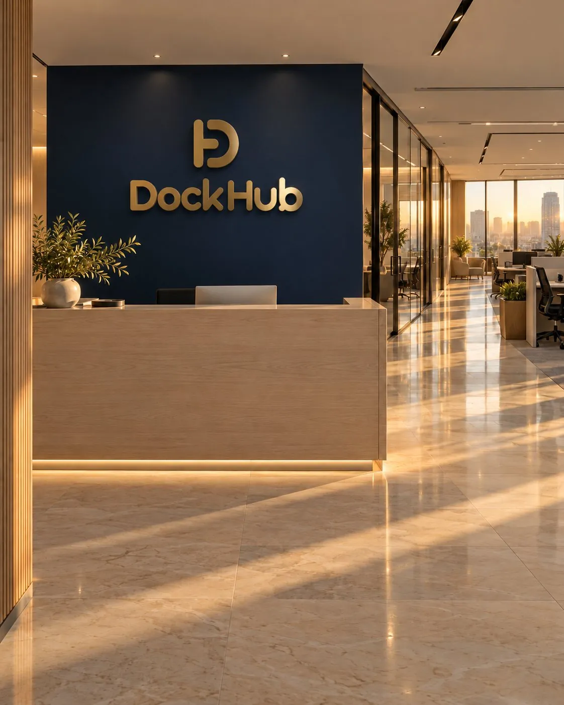 A reception with the DockHub logo in brass on a deep navy wall, an oak counter, glass offices and a sunlit work floor beyond
