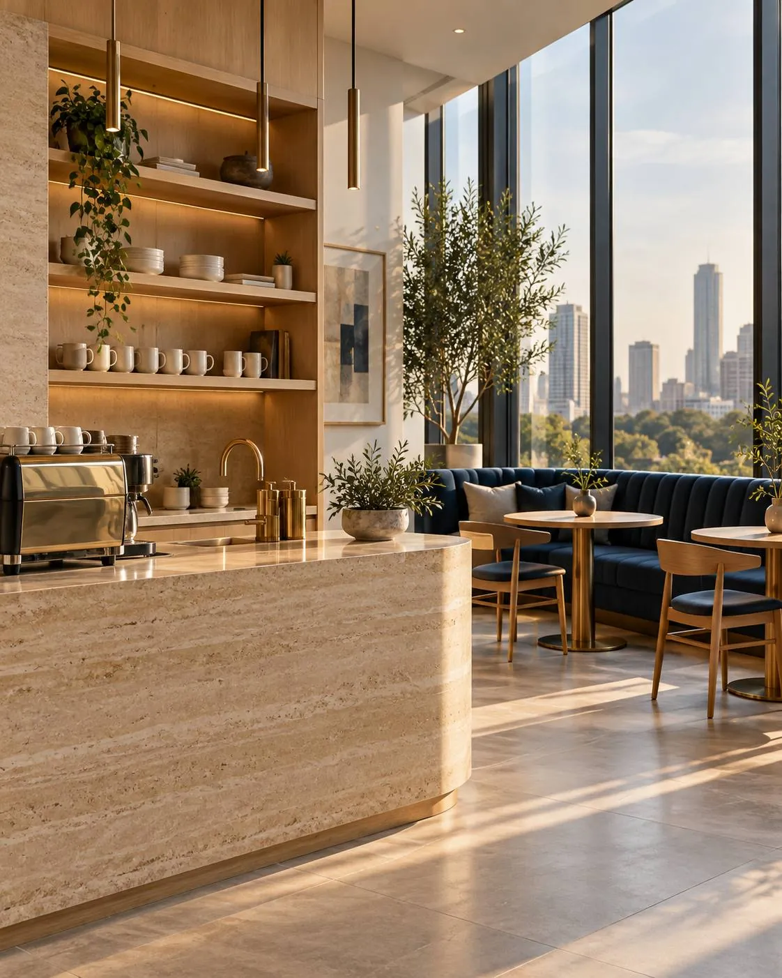 A limestone coffee counter with brass fittings, oak shelves and a navy banquette beside tall windows