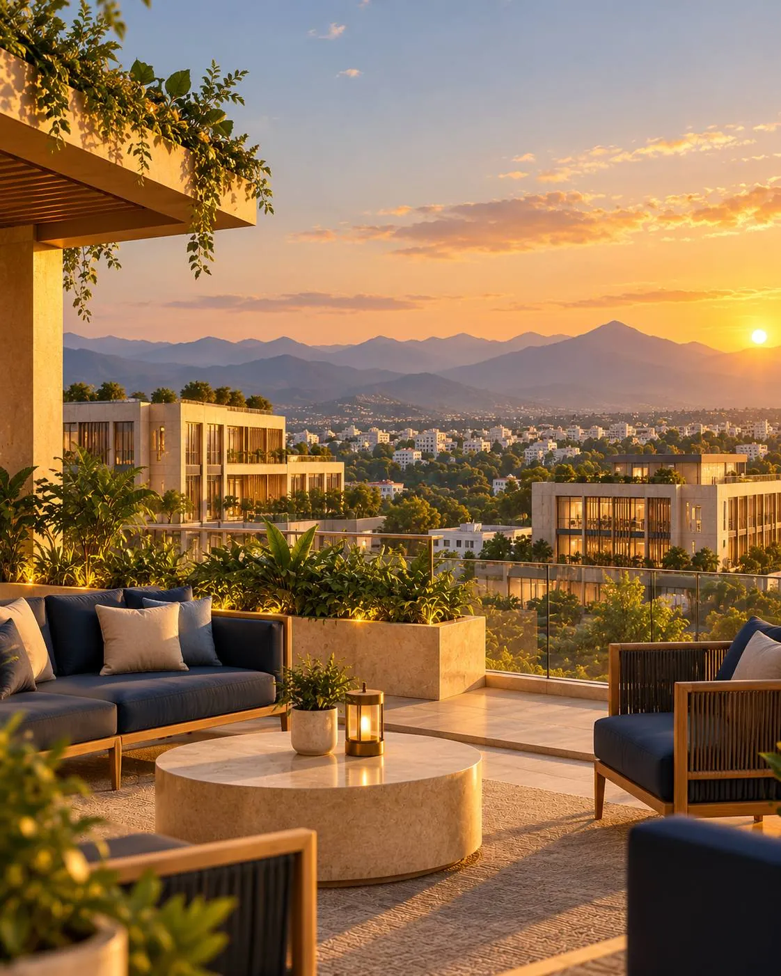A rooftop terrace at sunset looking across the city to two more buildings of the same design and the hills beyond