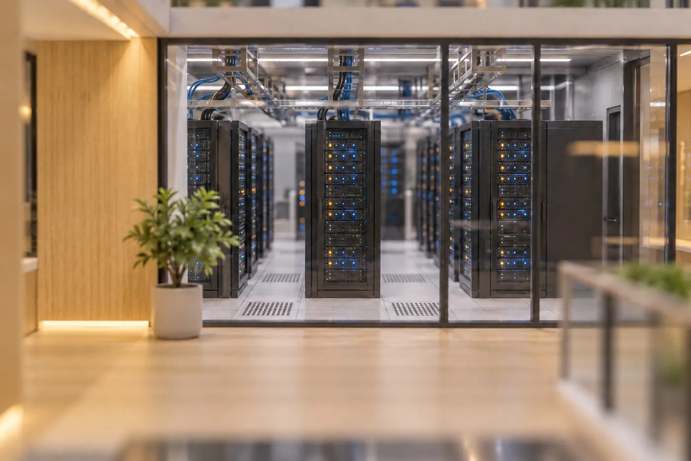 A glass-walled network room with neat server racks behind an oak corridor
