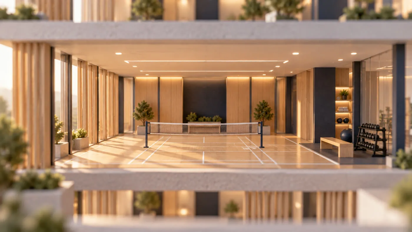 An indoor badminton court beside a small fitness corner in afternoon light