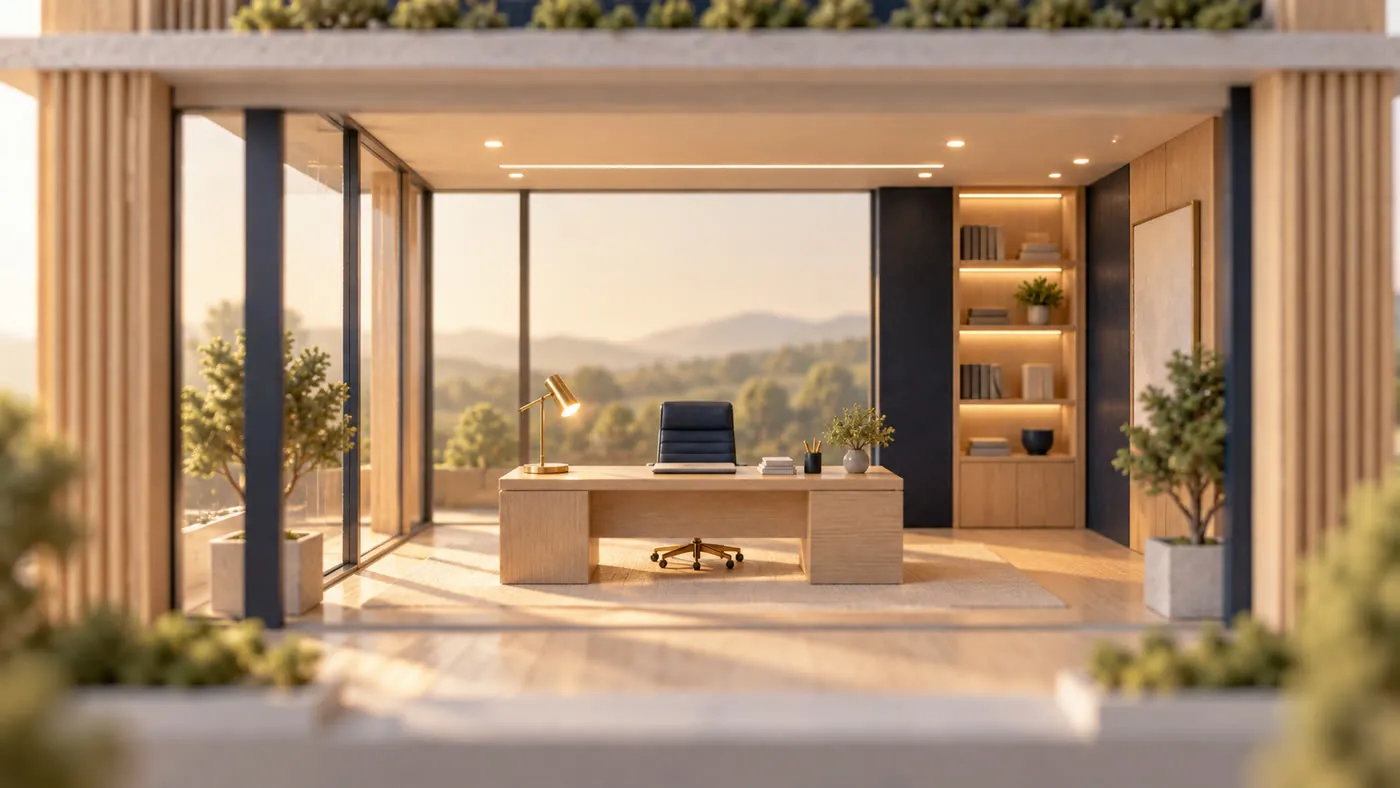 An executive office with an oak desk and navy chair, looking out over green hills