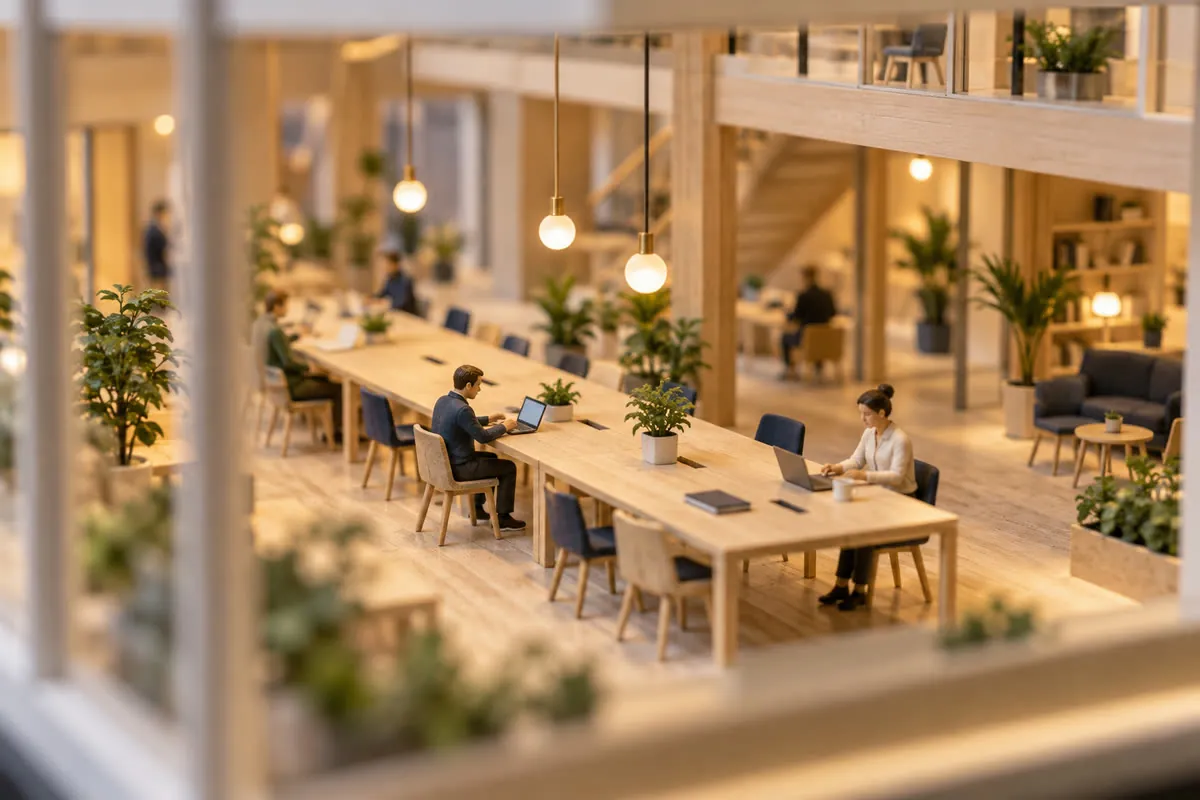 A bright coworking floor with long shared oak tables