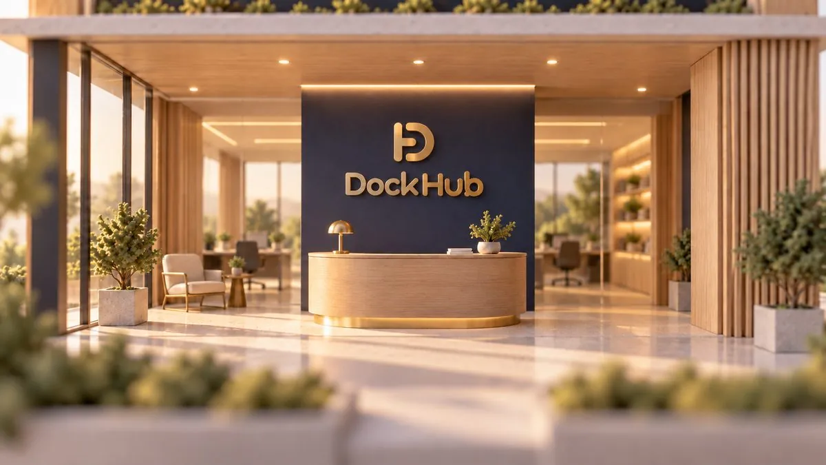 A custom office entrance with a curved oak reception desk and the DockHub logo on a navy feature wall