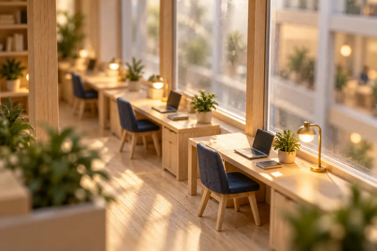 A row of dedicated desks with navy chairs along a sunny window