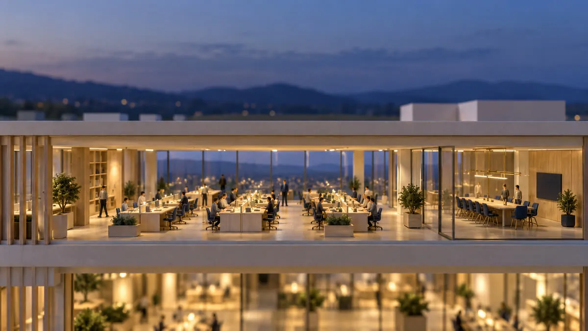 A full managed office floor for a large team at dusk