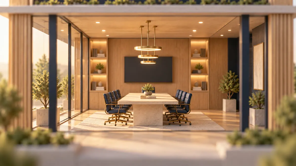 A boardroom with a long stone table and navy leather chairs